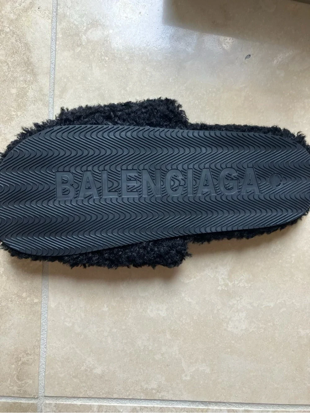 Balenciaga Black Fuzzy Logo Slide Sandals with Red & White Accent
